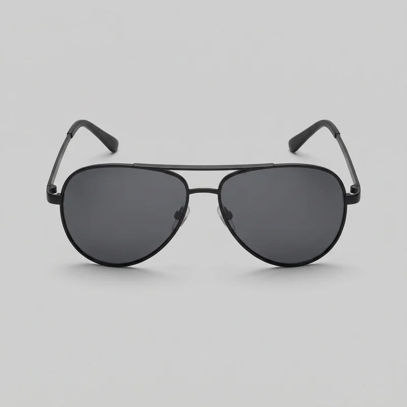Black aviator-style sunglasses shown from the front with both temples open and extending backward. The sunglasses have full-rim rounded teardrop lenses, a slim upper brow bar, a lower central bridge, visible nose pads, side hinges, narrow temples, and curved ear tips.
