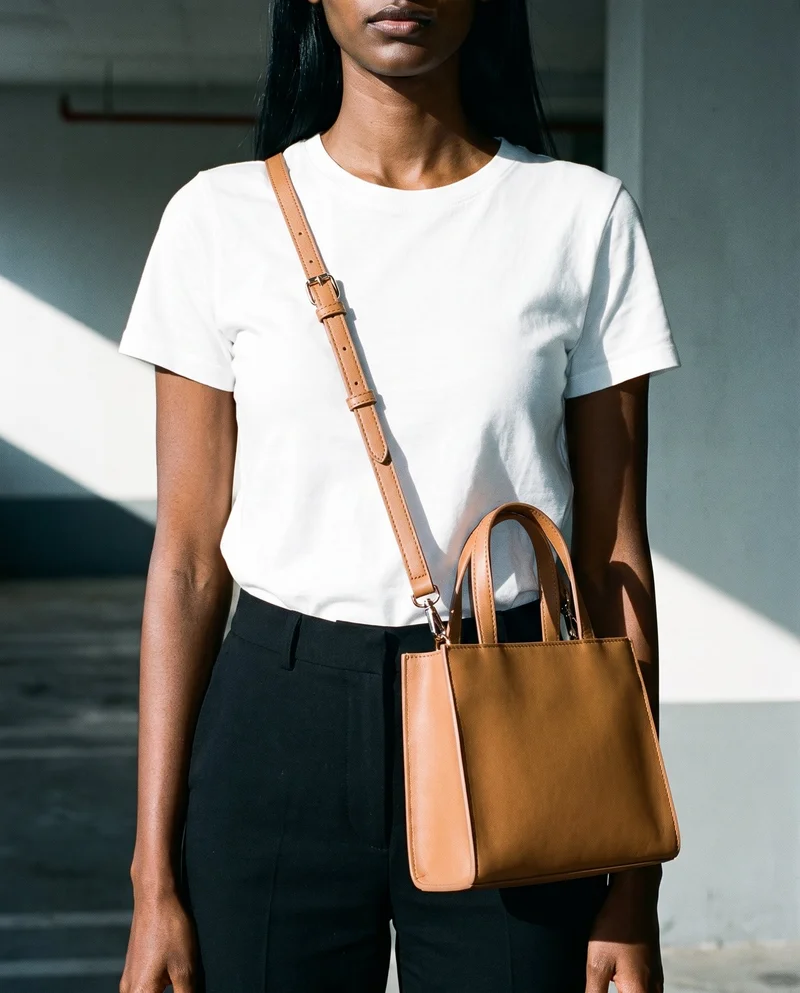 A woman is shown from the torso in a front view, carrying a tan crossbody bag. The concrete parking garage serves as the backdrop.