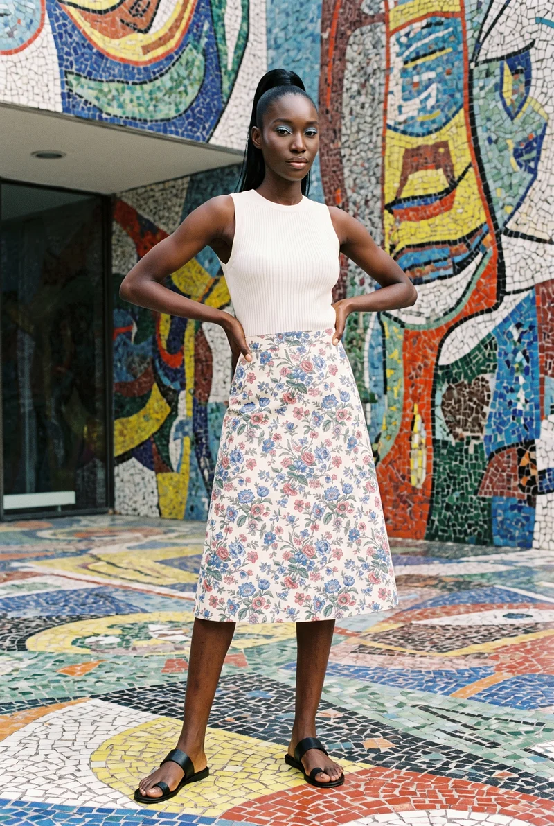 Floral Print Midi Skirt, Environmental at Three-quarter, Natural E-Commerce lighting
