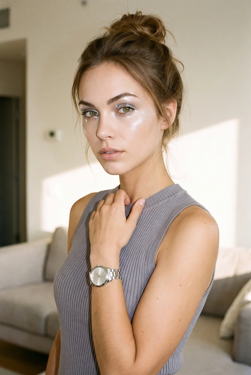 A 23-year-old Caucasian woman is shown from the upper body at a front three-quarter angle, with one hand resting at her collarbone and a confident expression. She wears a silver dress watch on her wrist. A home living room serves as the backdrop.