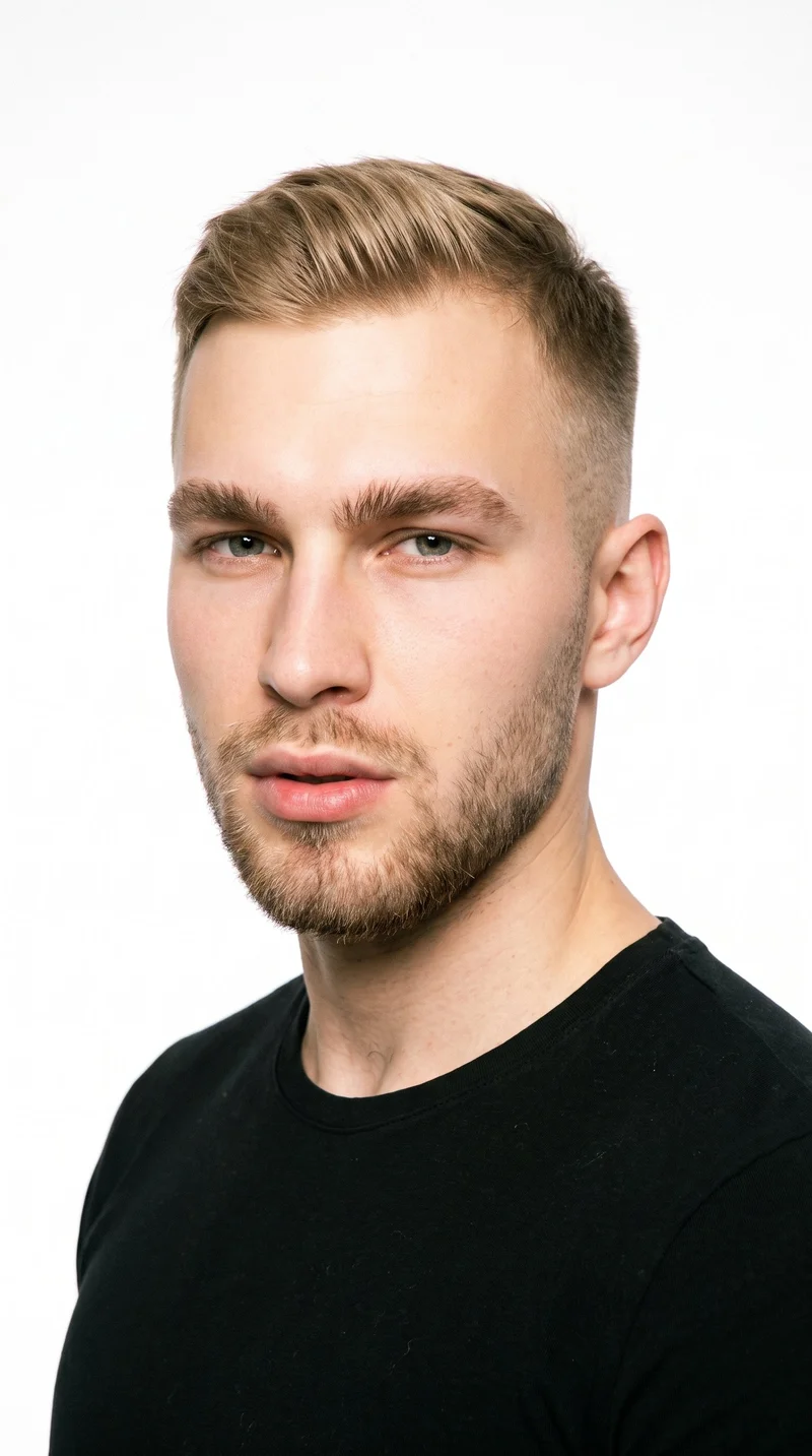 A 22-year-old Slavic man with very pale skin and a neutral undertone has a refined, smooth face with softly balanced features. His thin eyebrows frame hazel eyes with green-gold flecks, and he has thin lips. His dark-blonde hair tapers from longer on top to very short sides, blending down to the skin. Short, even beard growth creates a clearly visible, closely groomed texture along his face.