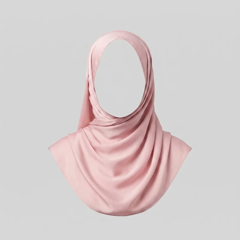 Blush pink satin hijab arranged as a full head-and-neck covering, with layered folded bands framing the open face area and draped fabric extending over the shoulders and upper chest. The front view shows rounded fabric falls, broad side panels, and narrow stitched hems along the lower and side edges.