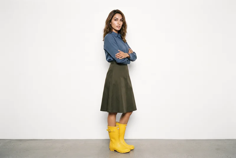 A 35-year-old Indian woman wears yellow Wellington boots in an environmental view from a front three-quarter angle. She stands with her arms crossed and a natural facial expression against a Chantilly Lace studio-wall backdrop.