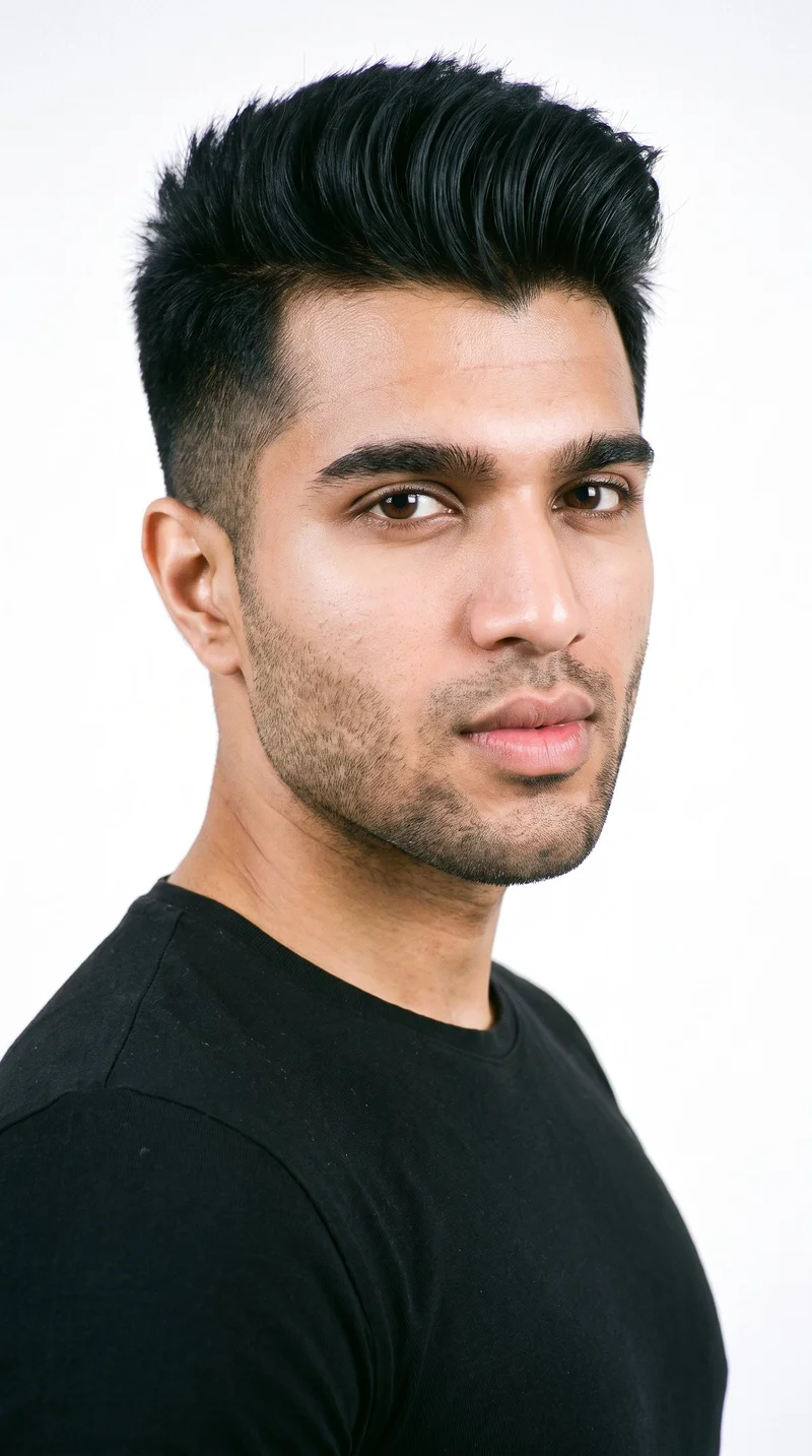 This 26-year-old Indian man has a warm honey skin tone with an olive-green undertone. His face has smooth, even, softer features in a refined balance, with thick eyebrows, very dark near-black eyes, and very full lips. His black hair is styled in a two-block cut, with short sides and back contrasted by a longer, fuller top. Fine, closely trimmed stubble lightly covers the beard area.