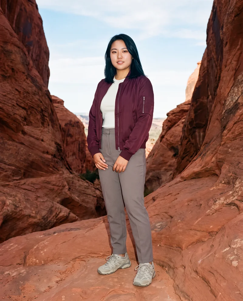 A 23-year-old Chinese woman wears a women's burgundy satin bomber jacket in a full-body front three-quarter view. Her hands are held in front and she has a natural facial expression. Red rock formations form the backdrop.