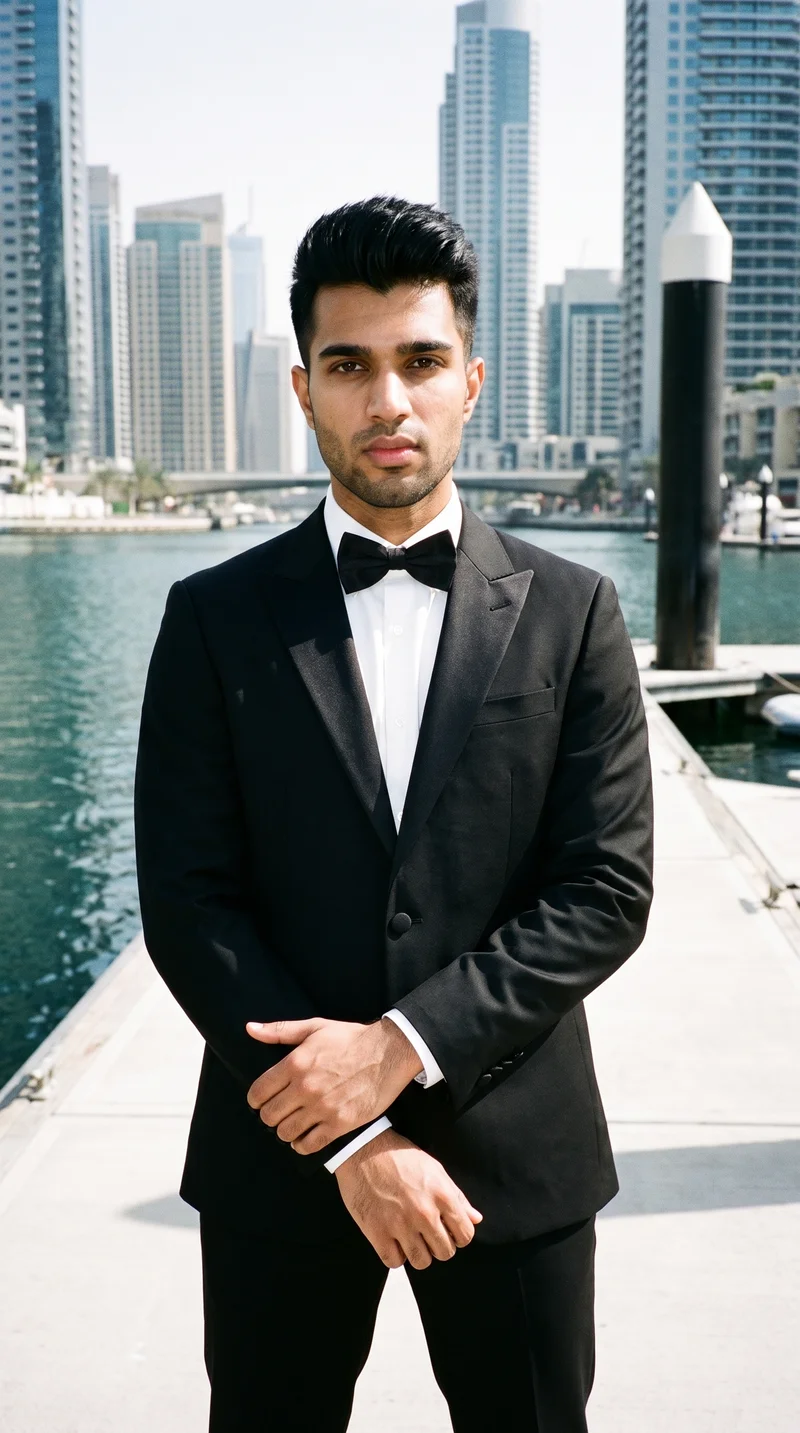 Black Classic Tuxedo, Environmental at Front, Natural E-Commerce lighting
