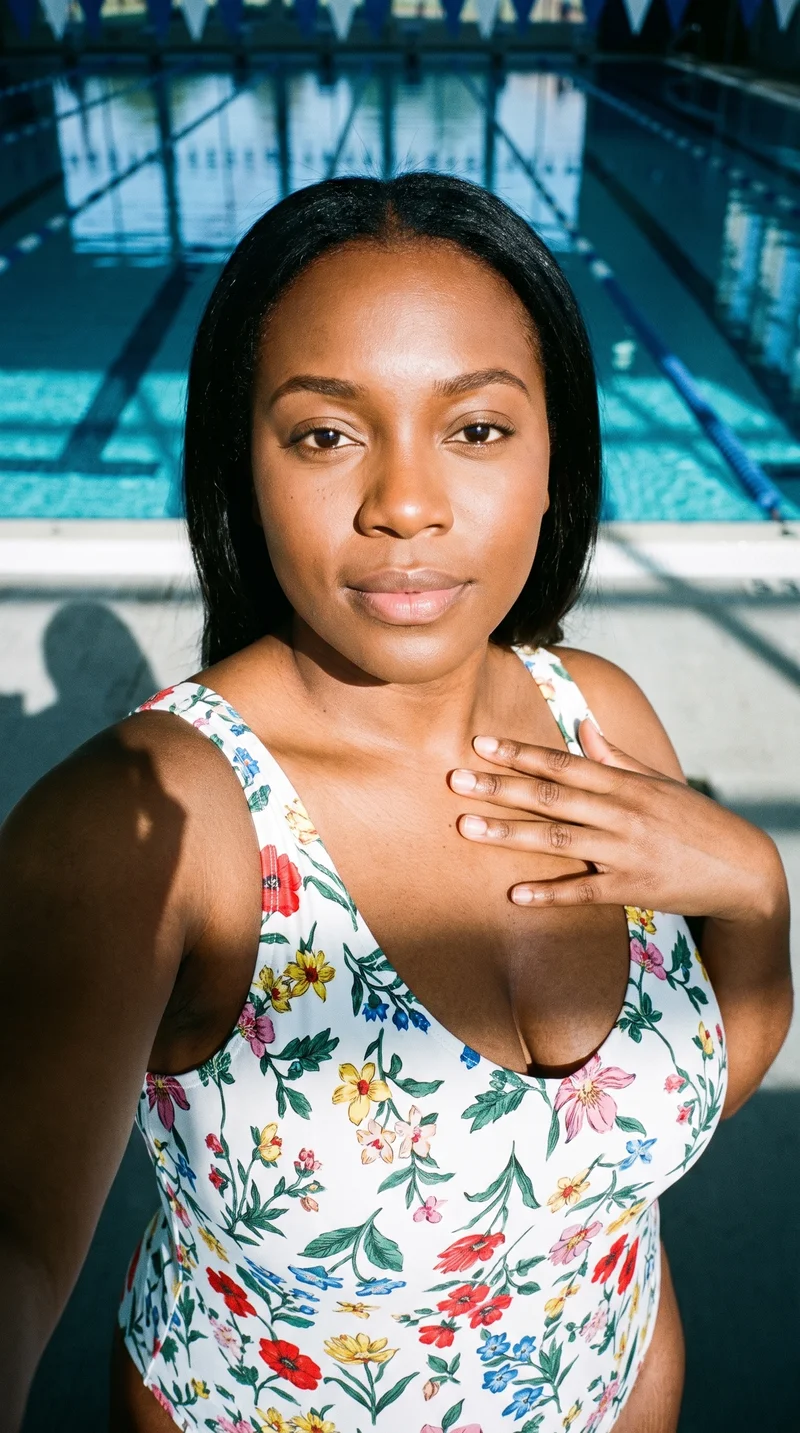 Floral Print One-Piece Swimsuit, Selfie at Front, Flash Editorial lighting