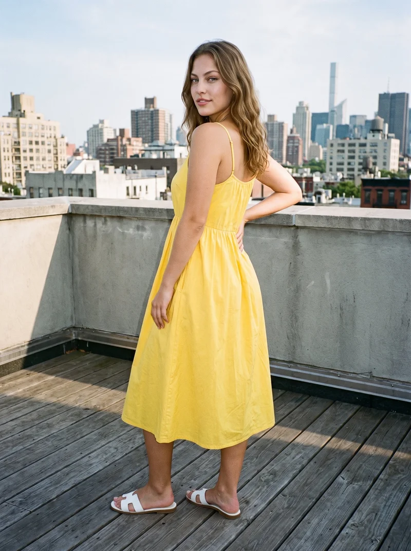 A 20-year-old Caucasian woman wears a yellow sundress in a full-body view, standing with one hand on her hip. The angled rear view shows the dress against a warehouse rooftop skyline backdrop.