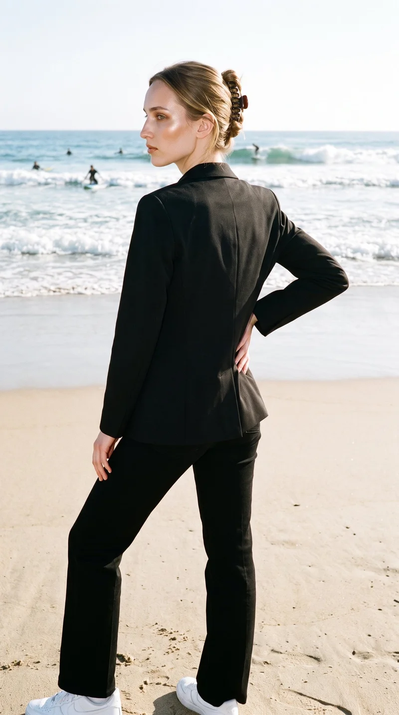 An 18-year-old Slavic woman wears a women's black tailored blazer in a full-body angled rear view, with one hand on her hip. A surfing beach backdrop is visible.