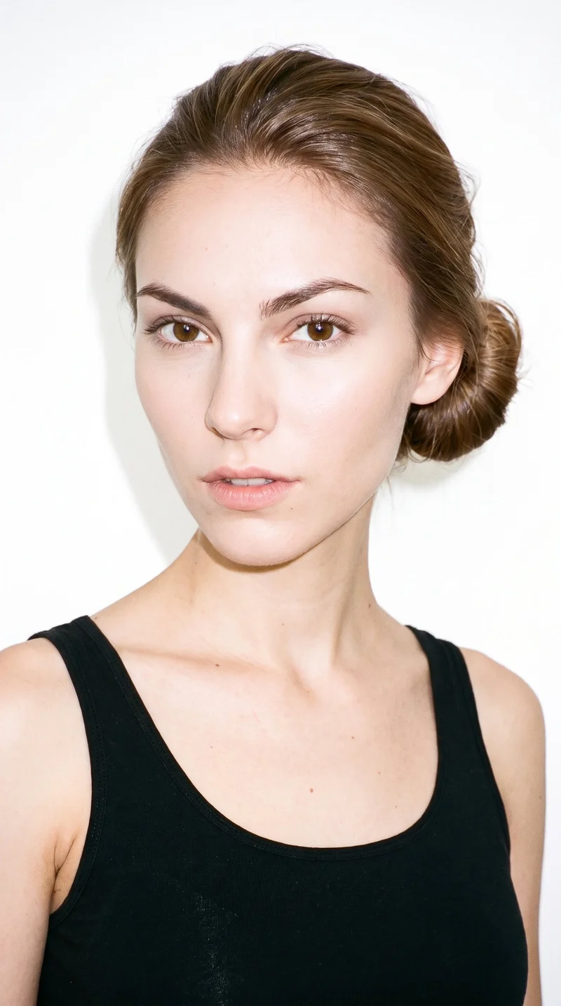 This 21-year-old Caucasian woman has fair skin with a warm golden undertone and a diamond-shaped face, with a narrow forehead and jaw that are widest at the cheekbones. She has thin eyebrows, brown eyes, and thin lips. Her light-brown hair is wound into a rounded bun at the back of her head.