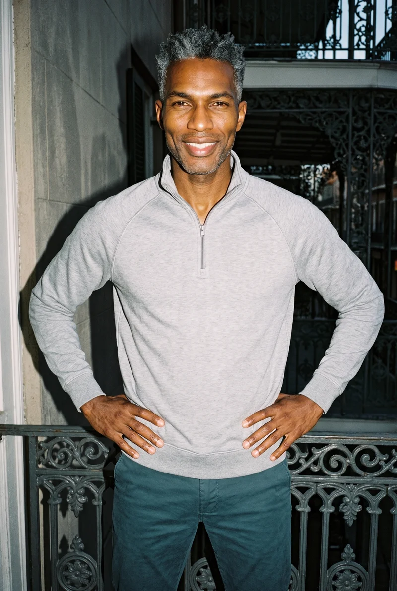 A 38-year-old African male model wears a grey quarter-zip in a front-view, three-quarter-length composition. He is smiling with his hands on his waist, against a New Orleans balcony backdrop.