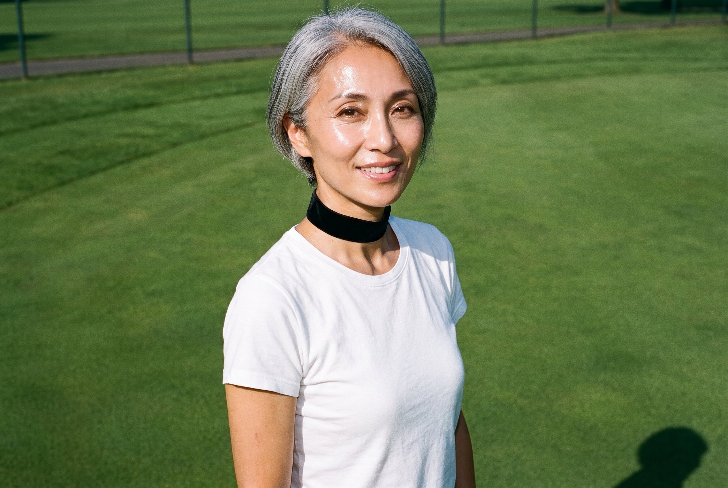 A 37-year-old Japanese woman wears a black velvet choker in an upper-body view from an angled front perspective. Her arms are relaxed and she is smiling, with a golf course fairway backdrop.