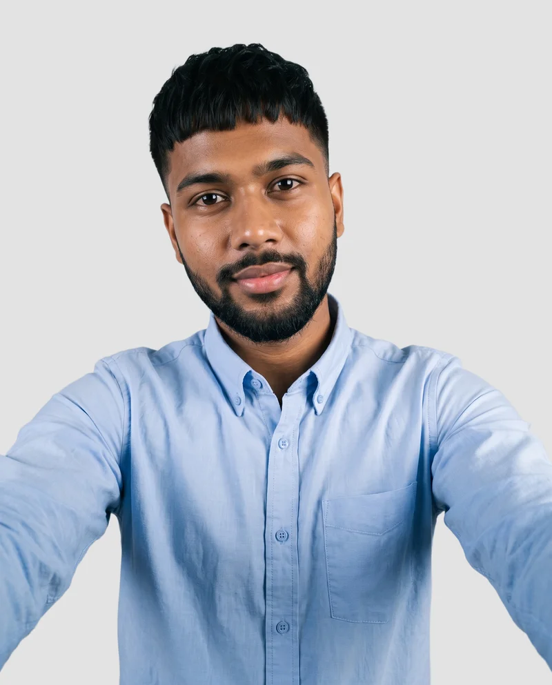 Light Blue Button-Down Shirt, Selfie at Front, Studio Cutout lighting
