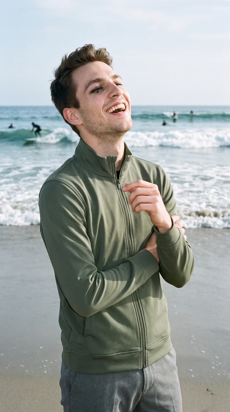 A 22-year-old Caucasian man is shown from the upper body in an olive tracksuit top, viewed from a front three-quarter angle. He is touching his wrist and laughing, with a surfing beach backdrop.