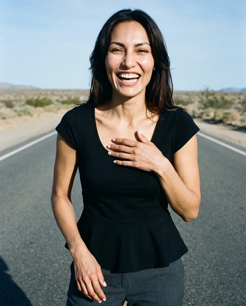 Black Peplum Top, Upper body at Front, Flash Editorial lighting