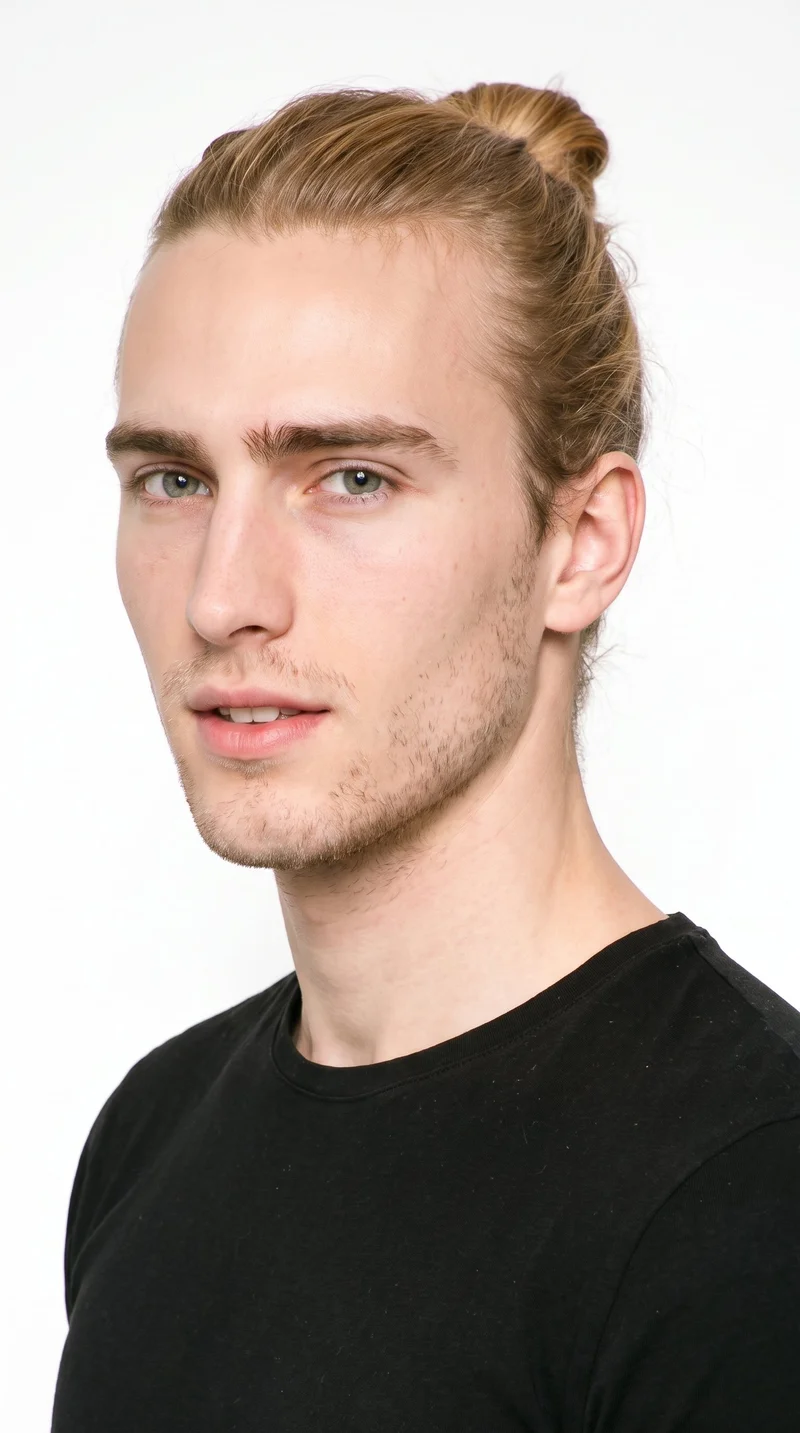 A 20-year-old Caucasian man with fair skin and a cool undertone has a long face, defined by a tall forehead and elongated cheeks. He has thick eyebrows, grey eyes with a cool, clear tone, and medium lips. His warm honey-blonde hair is gathered into a knot at the back with the sides drawn up, and very short facial hair creates a faint, even five-o’clock shadow across the beard area.