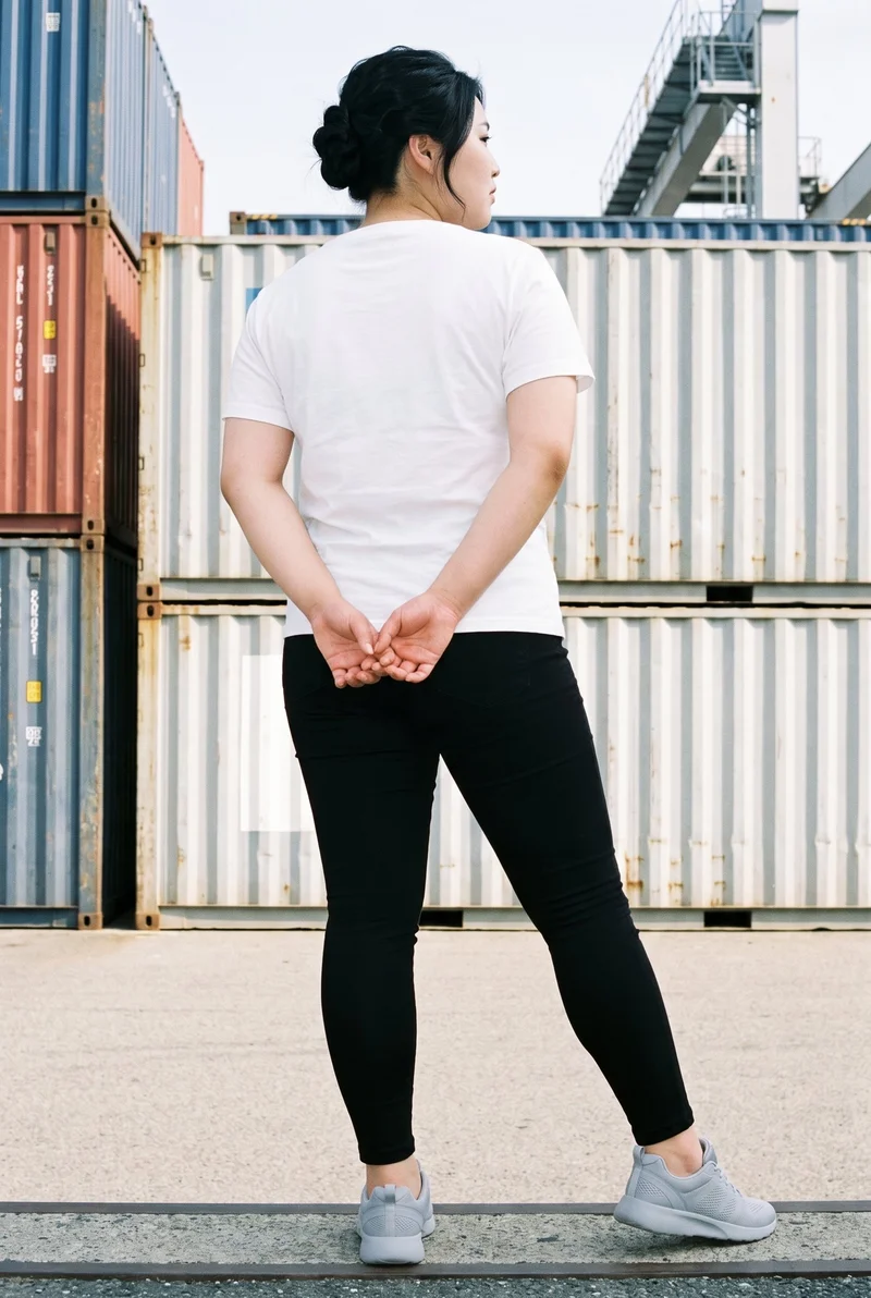 A 21-year-old Japanese woman is shown full body from an angled rear view wearing women's grey mesh trainers, with her hands behind her back. Shipping containers form the backdrop.