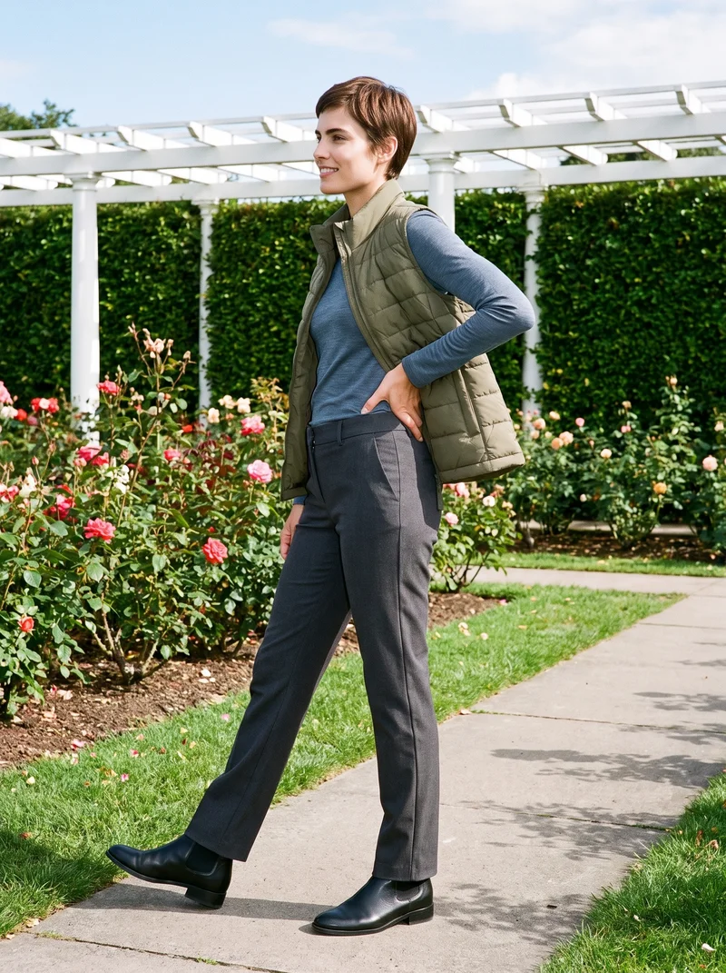 Women's Olive Gilet, Full body at Side, Natural E-Commerce lighting