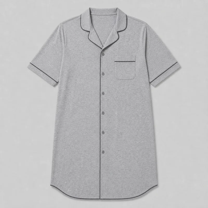 A grey short-sleeve nightshirt is shown alone in a mostly complete front view. It has a relaxed straight silhouette, an open notched lapel collar, a full button-front closure with a central placket, and a left chest patch pocket. Contrast piping outlines the collar and lapels, pocket opening, front edges, sleeve hems, and rounded shirttail hem.