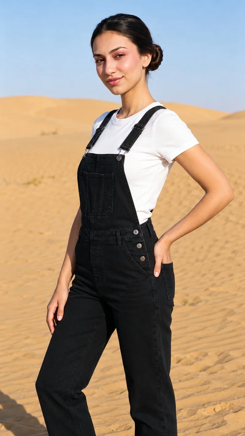 An 18-year-old Turkish woman wears black denim dungarees in a three-quarter-length angled front view, standing with one hand on her hip and a natural expression. Death Valley dunes form the backdrop.