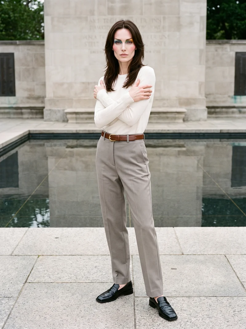 A 45-year-old Caucasian woman wearing a women's brown leather belt is shown full body from a front three-quarter angle in a self-hug pose with a neutral expression. A Memorial Plaza backdrop is visible.