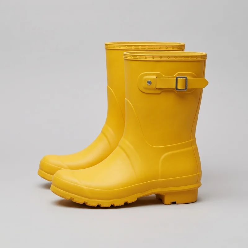 A pair of yellow pull-on mid-calf Wellington boots is shown as a standalone product from an angled side view. The boots have rounded toes, structured straight shafts, low block heels, raised midsole edges, rugged lugged outsoles, molded panel lines, and decorative patterned bands around the top openings. One outer shaft features a horizontal strap with a pointed end, rectangular buckle, rounded mounting tabs, and a visible rivet.