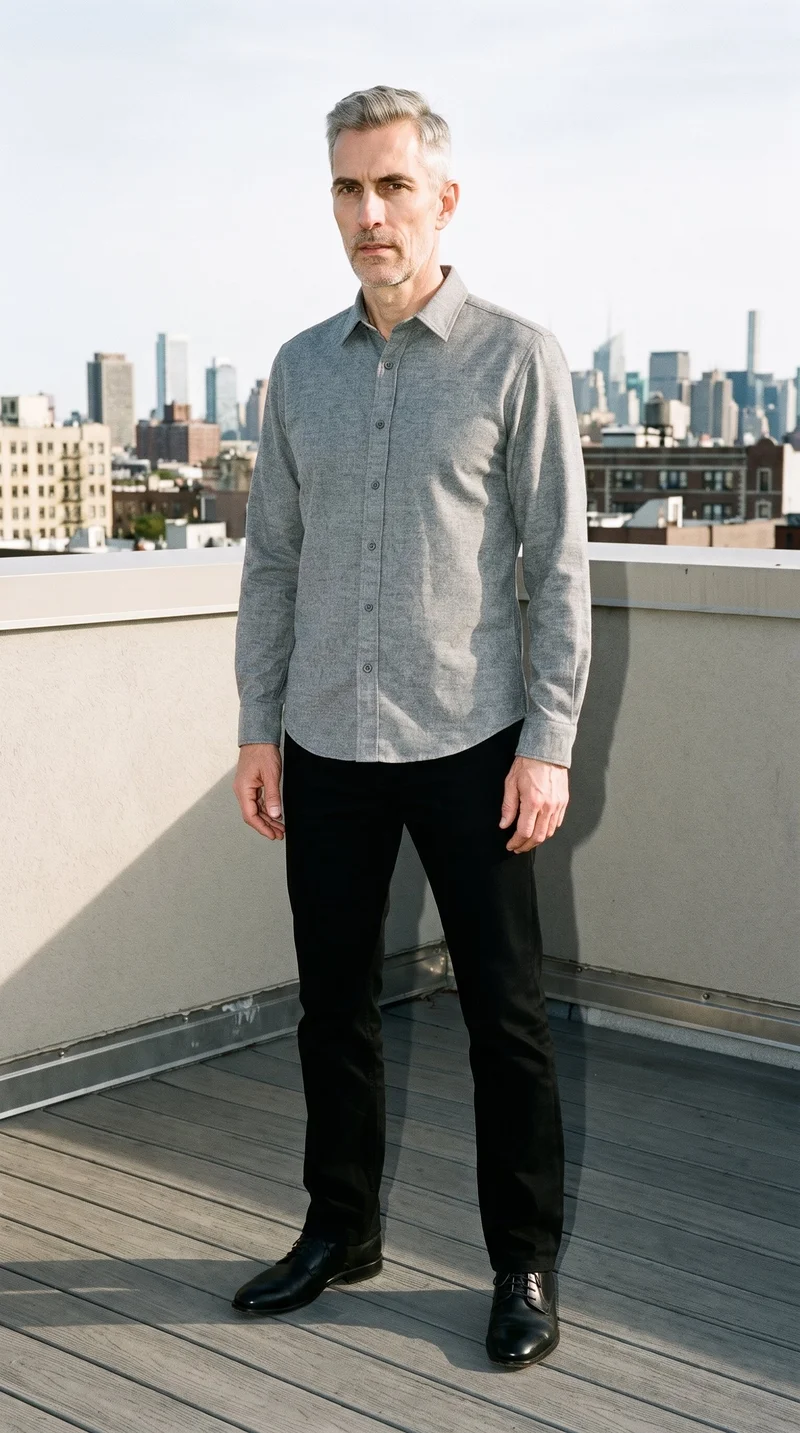 A 56-year-old Caucasian man stands straight in a full-body, angled-front view wearing a grey brushed flannel shirt. His serious expression is visible, with a rooftop cityscape backdrop behind him.