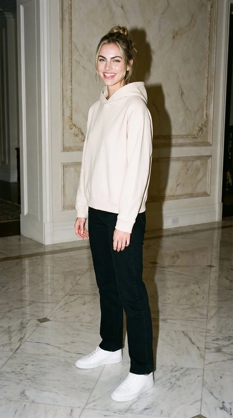 A 21-year-old Caucasian woman stands straight in a full-body, angled front view while wearing a cream pullover hoodie. She has a grin, with a mansion foyer serving as the backdrop.