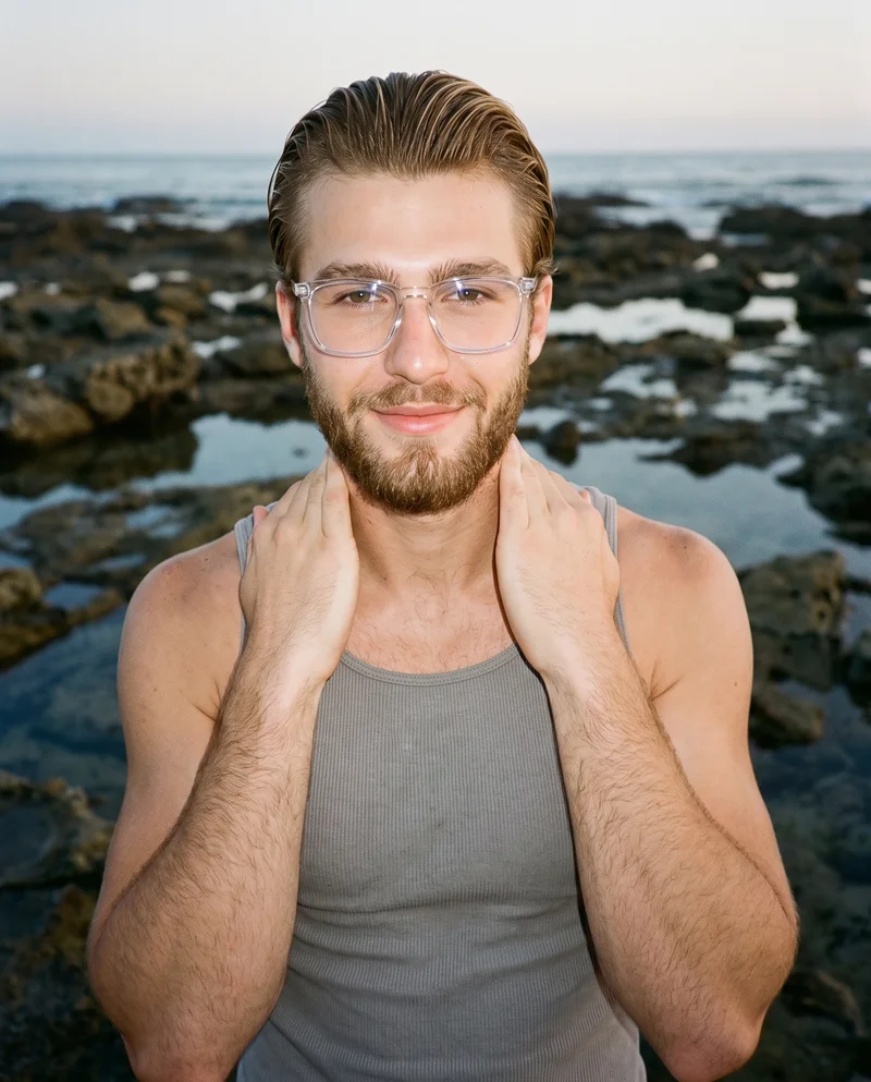 Men's Clear-Frame Blue-Light Glasses, Bust at Three-quarter, Clean Catalog lighting