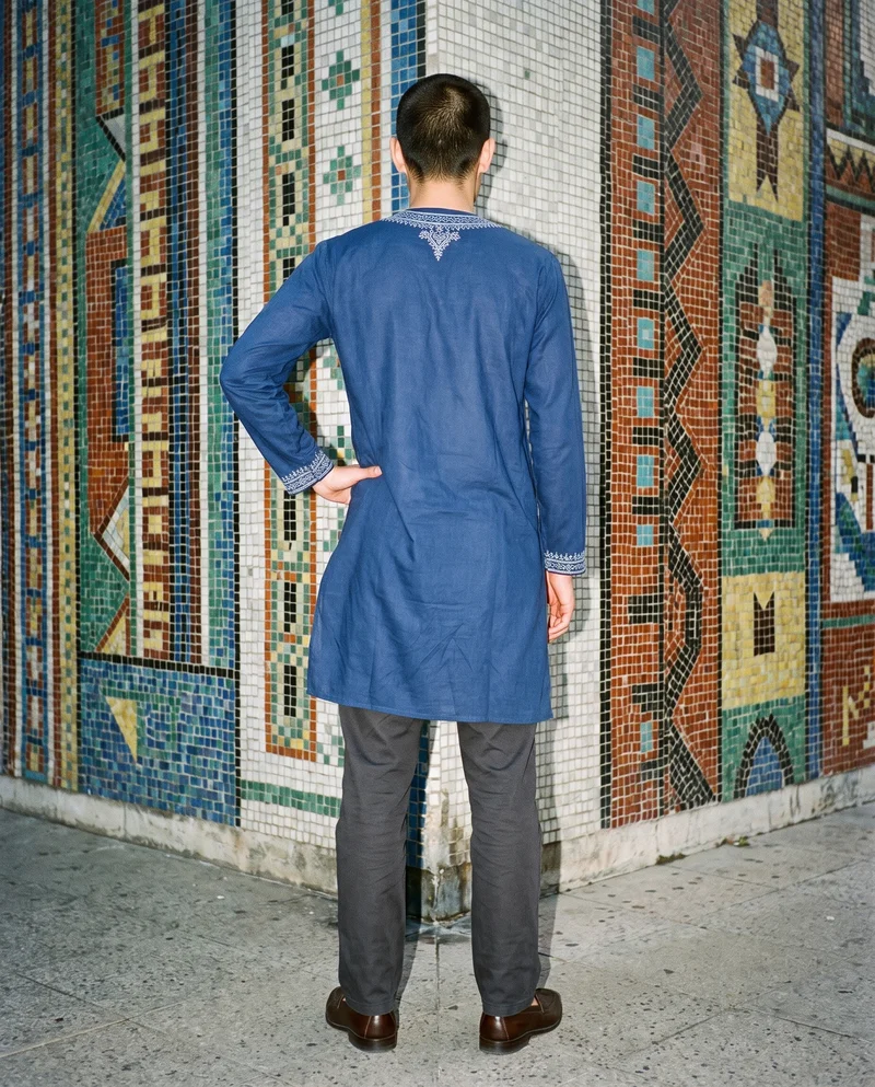 Navy Embroidered Kurta, Full body at Back, Natural E-Commerce lighting