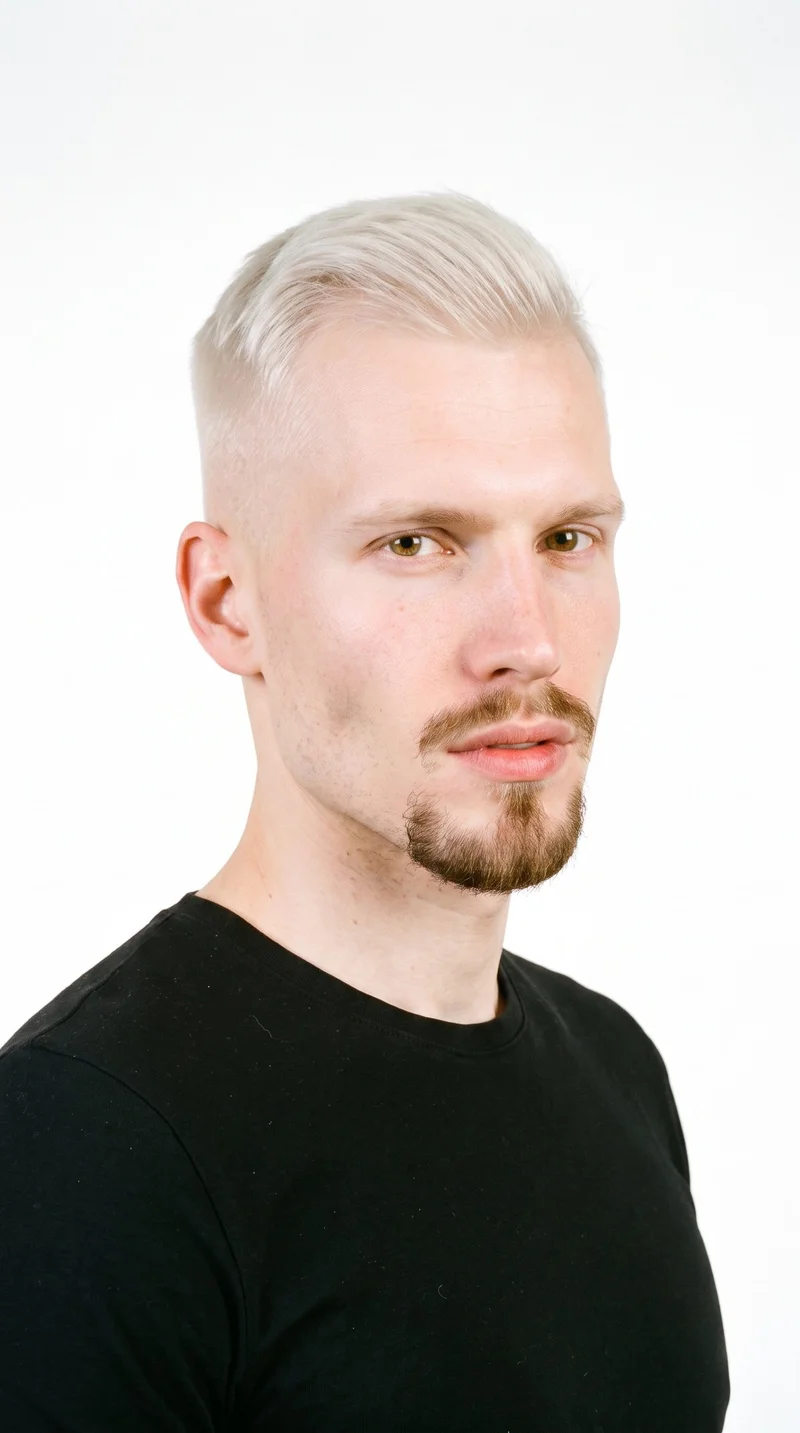 This 25-year-old Caucasian man has very pale skin with a peach undertone and a square, angular face defined by a strong jaw and broad forehead. His eyebrows are thin, and his eyes are amber with a golden appearance. He has full lips and platinum-blonde hair styled in a fade, longer on top and tapering to very short sides that blend down to the skin. A connected moustache and rounded goatee form a circle beard around his mouth.