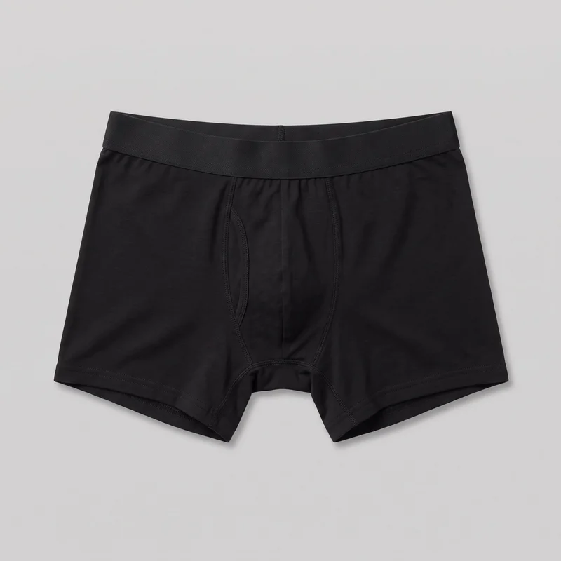 Black men’s boxer brief underwear laid flat in a complete front-facing view. The close-fitting design has a mid-rise elastic waistband, short fitted legs with straight hems, and a contoured front pouch defined by vertical and curved seams, including an overlapping fly-style panel. Reinforced stitching is visible around the pouch, crotch, waistband seam, and leg hems.