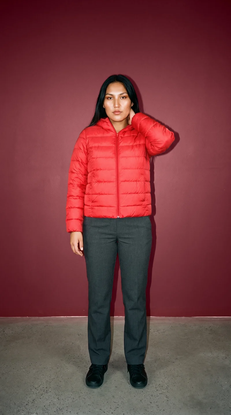 Women's Red Quilted Down Jacket, Full body at Front, Natural E-Commerce lighting
