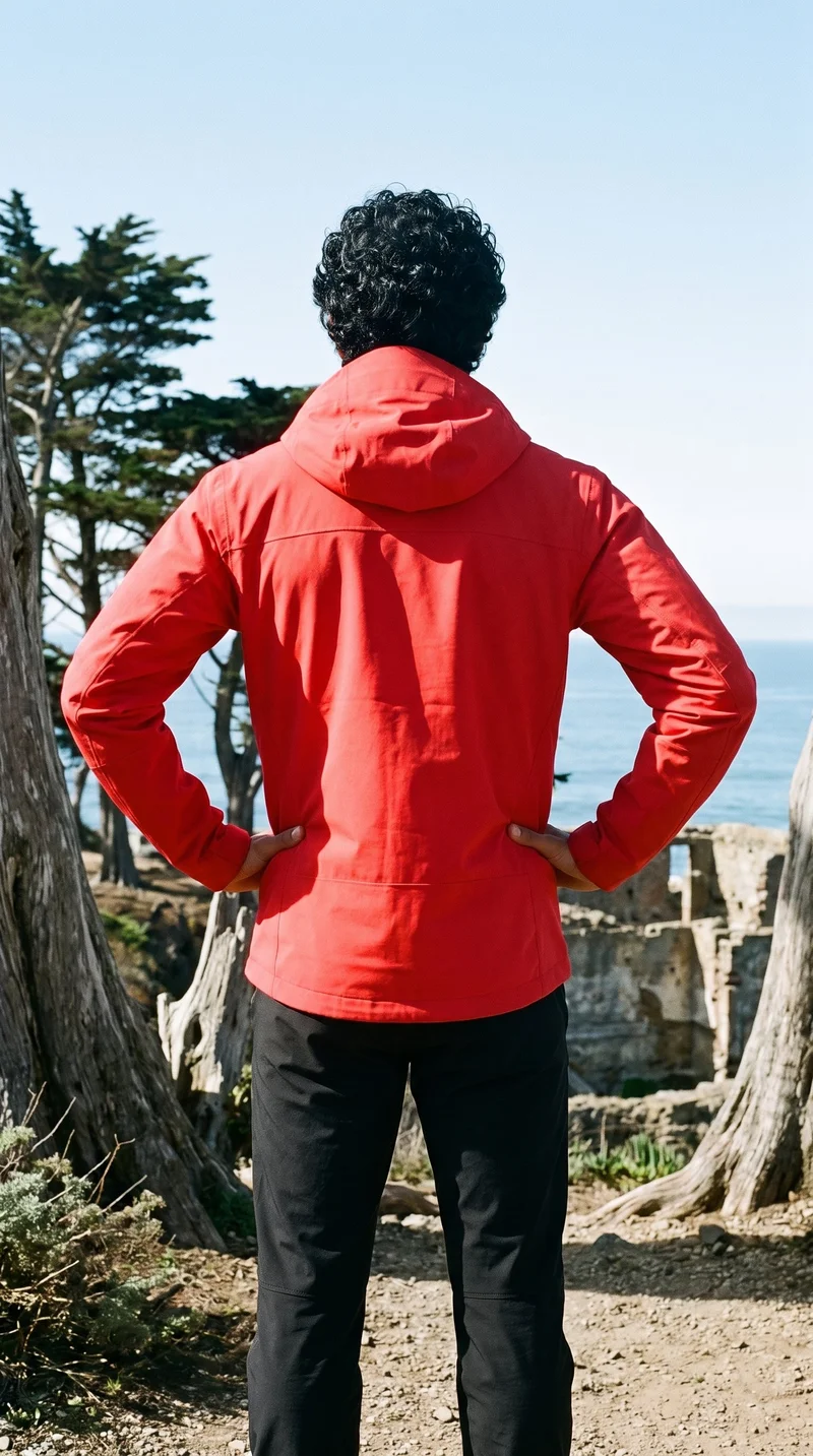 A 26-year-old Southeast Asian man wears a men's red hardshell jacket, shown from the rear in a three-quarter-length view with his hands on his hips. A Coastal Trail Cypress Ruins backdrop is visible behind him.