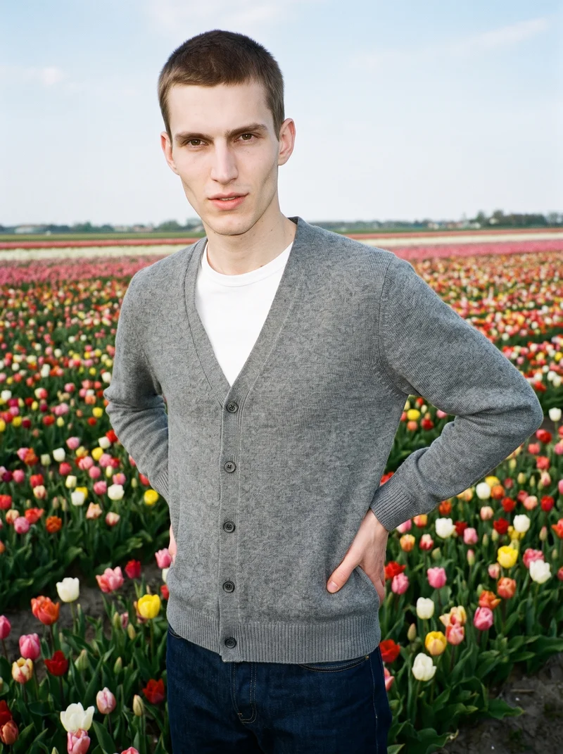 Men's Grey Knit Cardigan, Three-quarter length at Three-quarter, Natural E-Commerce lighting