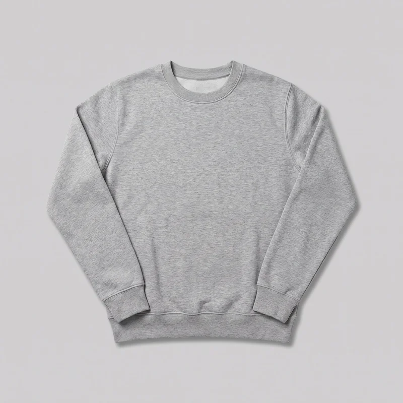 A mostly complete grey women's crewneck sweatshirt is shown laid flat from the front. It has a crew neckline, long raglan sleeves, ribbed cuffs, a ribbed bottom waistband with a straight hem, and visible seam stitching. The front is plain, without pockets, closures, logos, prints, patches, embroidery, or other embellishments.