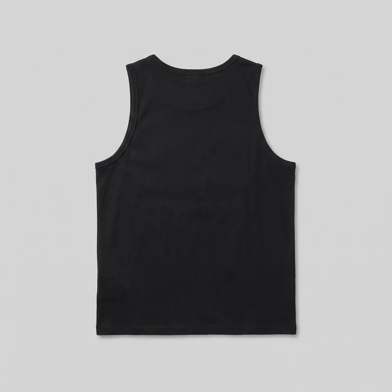 A plain black sleeveless tank top is shown laid flat in a standalone view. It has a regular fit, straight full-length body, shallow curved neckline, wide shoulder sections, deep curved armholes, and a straight bottom hem. Visible stitched binding or turned edges finish the neckline, armholes, and hem; no closures, pockets, logos, prints, patches, embroidery, or embellishments are visible.
