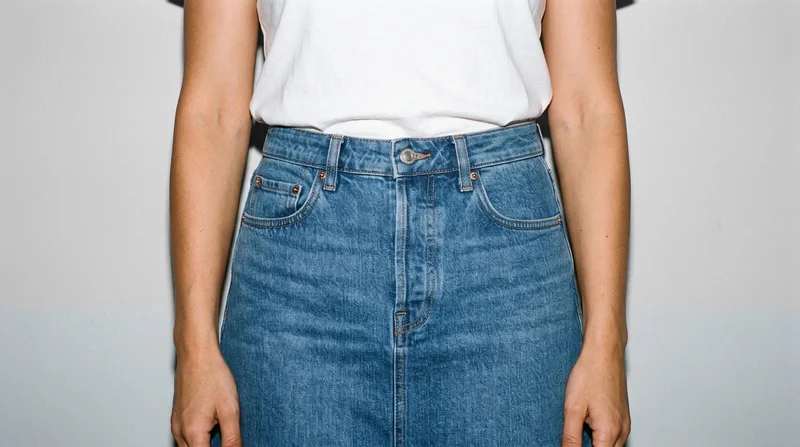 A model wears a mid-wash A-line denim skirt, shown from the hips in a front view with her hips level. The skirt is presented against a Fog Grey studio-wall backdrop.