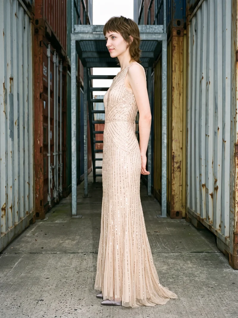 A 20-year-old Caucasian woman wears a champagne beaded evening gown in a full-body side view, standing with her hands behind her back and smiling. Shipping containers form the backdrop.