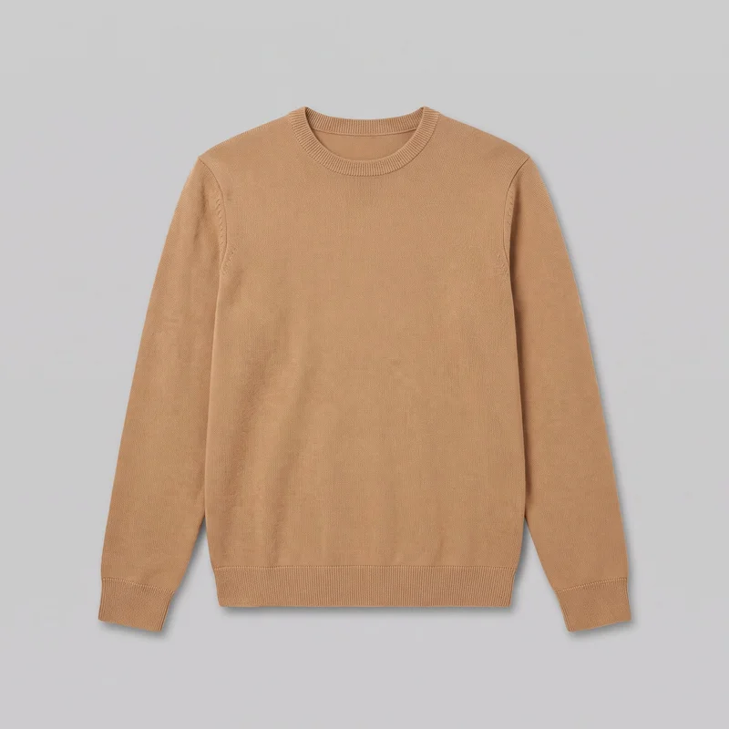 A camel-colored men's knit pullover sweater is shown laid flat in a standalone front view. It has a rounded ribbed crew neckline, long set-in sleeves with ribbed cuffs, a smooth plain-knit body, visible shoulder seams, a straight regular silhouette, and a full-length ribbed hem.