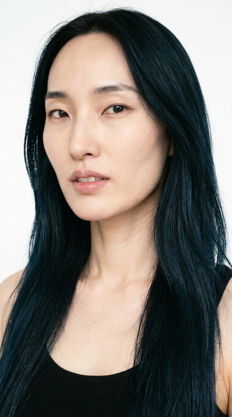 A 34-year-old Korean woman with fair skin and a warm yellow undertone has a long face that is more elongated than wide, with a tall forehead and elongated cheeks. She has thick eyebrows, very dark near-black eyes, and thin lips. Her long, deep black hair is worn loose past her shoulders with natural volume.
