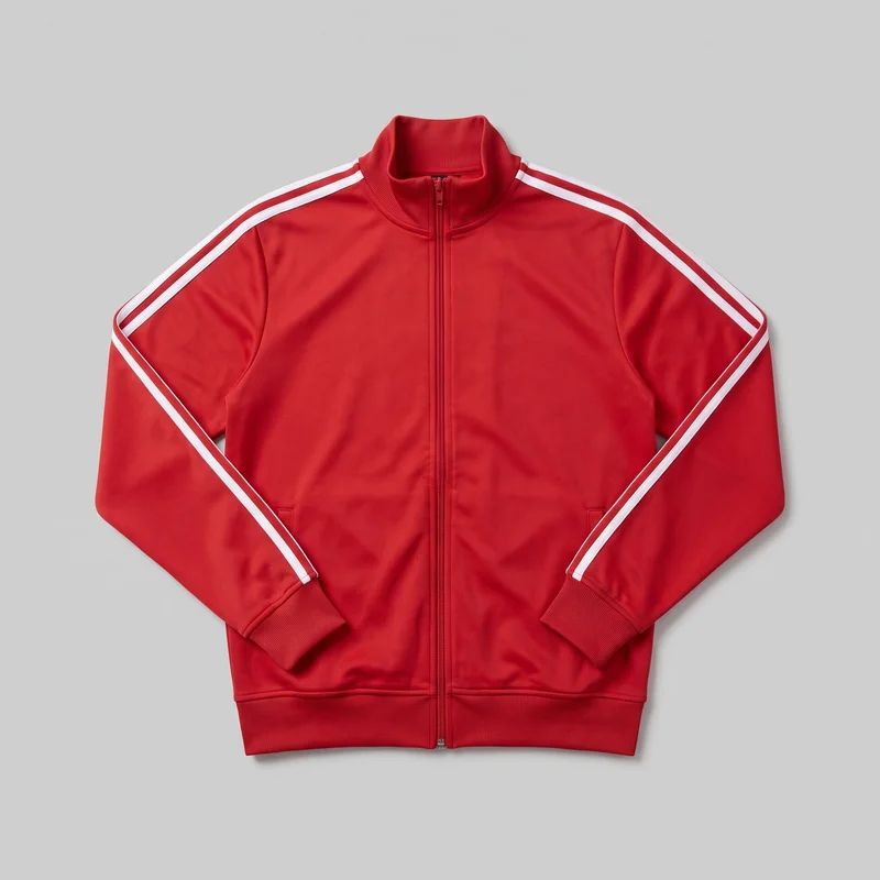 A red striped men's track jacket is laid flat in a mostly complete front view. It has a stand ribbed collar, a full-length center zipper, long sleeves with paired contrast stripes extending from the shoulders to the ribbed cuffs, two lower welt pockets, and a straight ribbed hem.