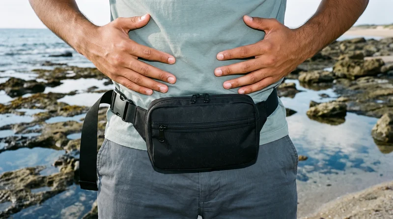 A man is shown from the front at waist level with his hands around his waist, wearing a black belt bag. A rocky beach serves as the backdrop.