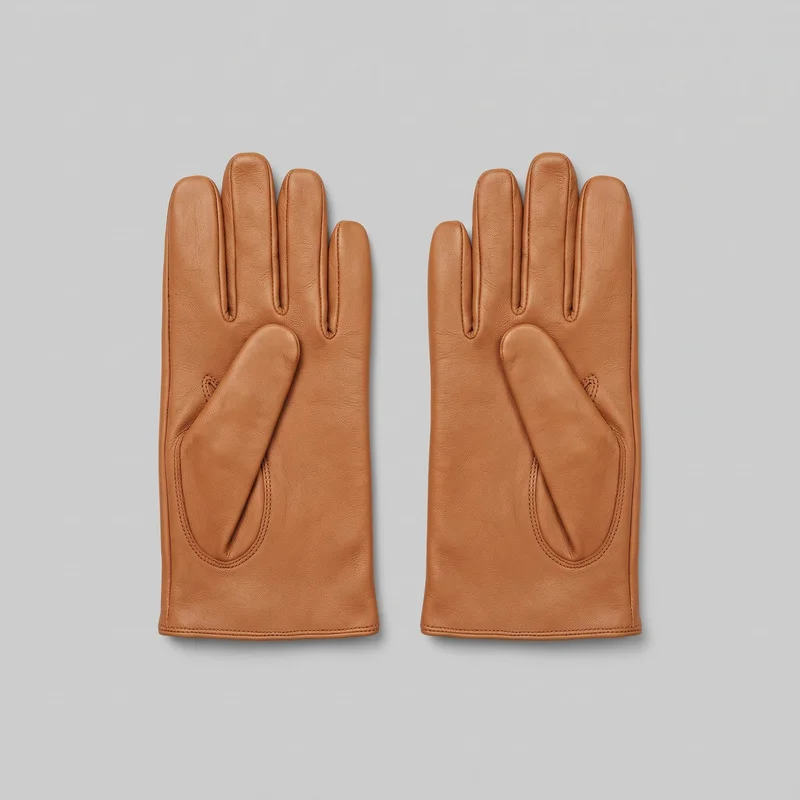 A complete pair of tan full-finger driving gloves is shown flat with the backs facing up. The gloves have rounded fingertips, separate inset thumbs, raised piping along the finger seams and outer edges, three narrow stitched channels extending from the finger bases, oval thumb seams with double rows of stitching, and straight cuff openings with stitched borders.