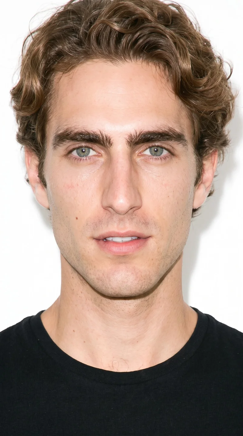 A 28-year-old Caucasian man with medium skin and a cool undertone has a Roman face shape defined by a prominent nose line and a strong, defined jaw. His eyebrows are thin, and his eyes are blue with a cool undertone. He has thin lips, wavy light-brown hair, and a clean-shaven face with smooth skin.
