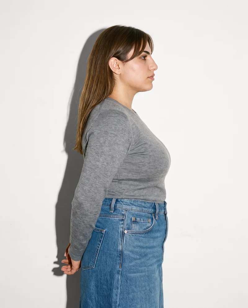 Mid-Wash A-Line Denim Skirt, Three-quarter length at Side, Flash Editorial lighting