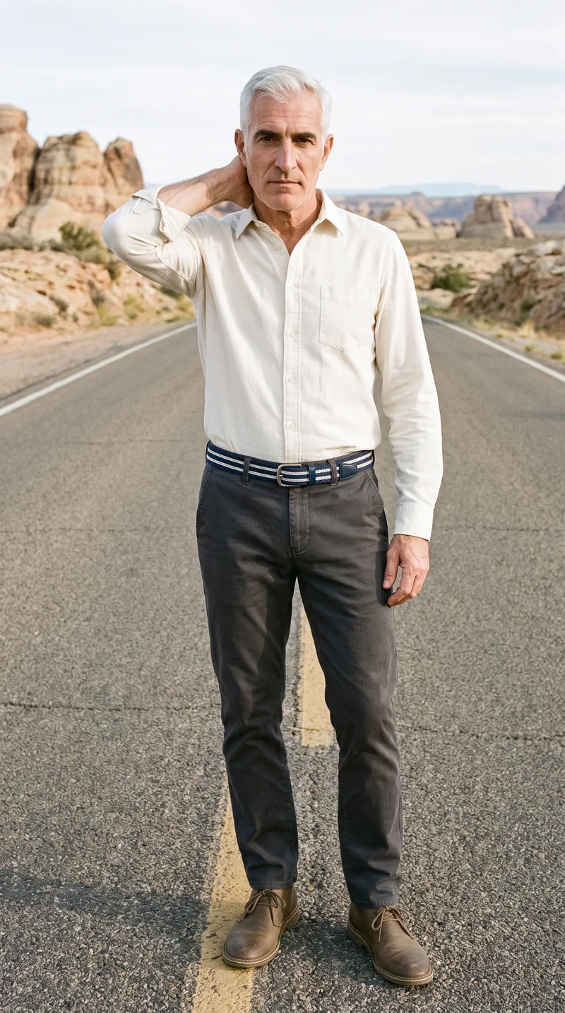 Men's Striped Woven Belt, Full body at Front, Clean Catalog lighting