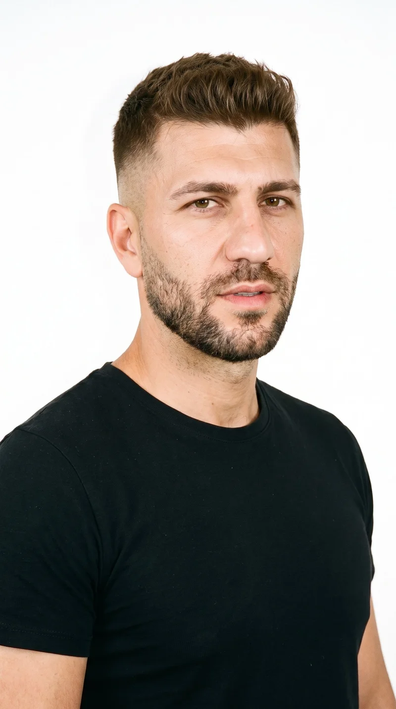 A 37-year-old Turkish man with a light tan, neutral-toned complexion and rugged facial features defined by a heavy jaw. He has medium-thickness eyebrows, brown eyes, and medium lips. His brown hair is longer on top and tapers to very short sides, blending down to the skin. Short, even three-day beard growth covers his face with a closely groomed texture.
