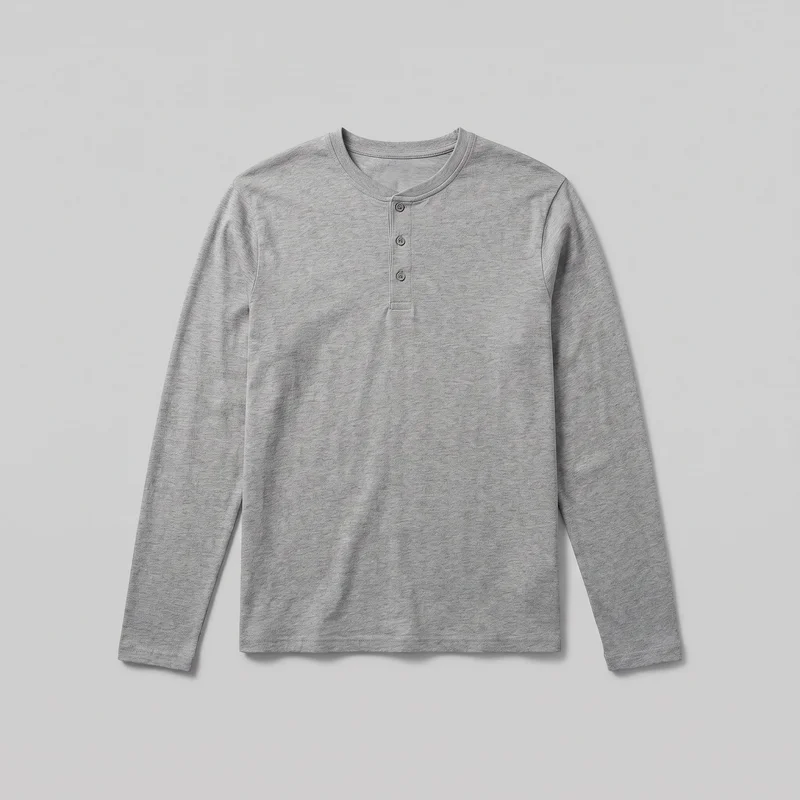 A mostly complete front view of a grey cotton long-sleeve henley shirt laid flat against a backdrop. It has a banded round neckline, set-in shoulders, a short centered placket with three visible buttons, full-length sleeves, a straight silhouette, and a straight hem. Narrow placket stitching and double stitching around the neckline are visible, with no pockets, logos, prints, patches, embroidery, or embellishments.