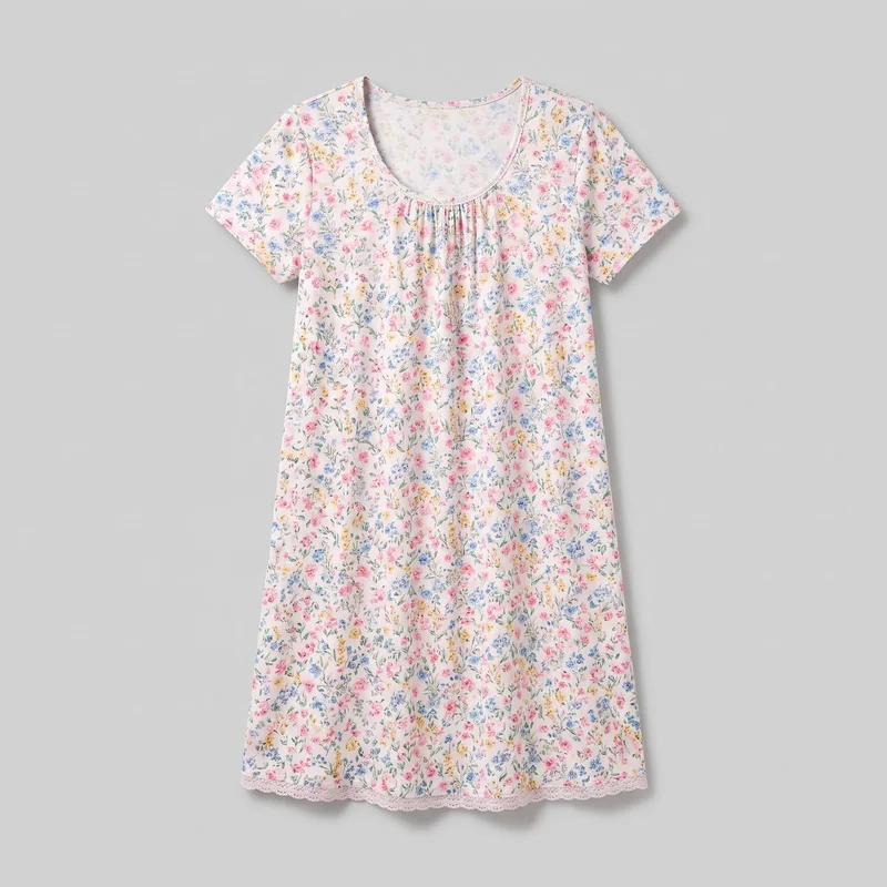A women’s nightgown-style sleep dress is shown laid flat in a full front view. It has an all-over small botanical floral print, a relaxed straight silhouette, a rounded scoop neckline with narrow binding and gathered fullness at the center front, set-in short sleeves, and a straight lower hem finished with scalloped lace trim.